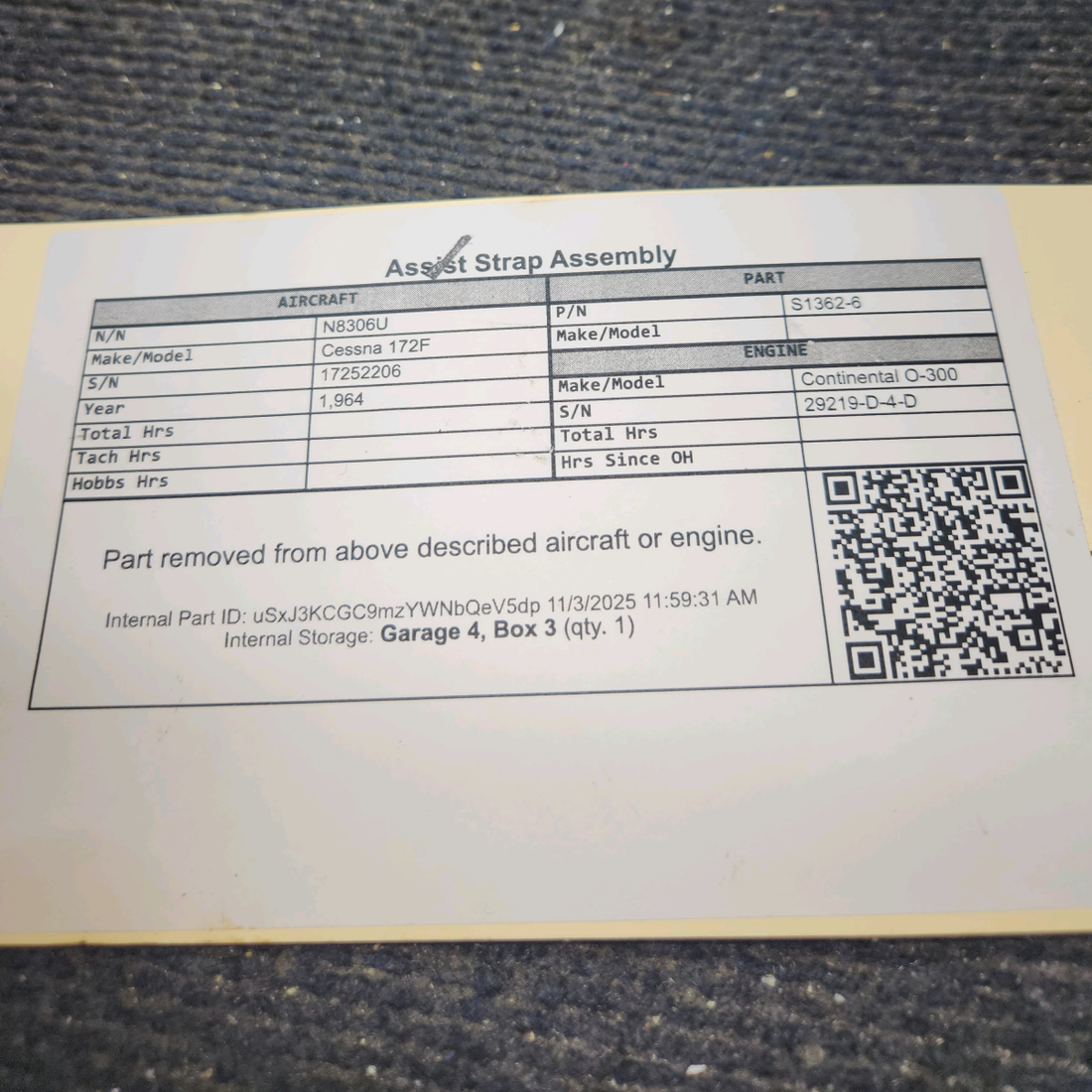 Used aircraft parts for sale, S1362-6 Cessna 172F Assist Strap Assembly