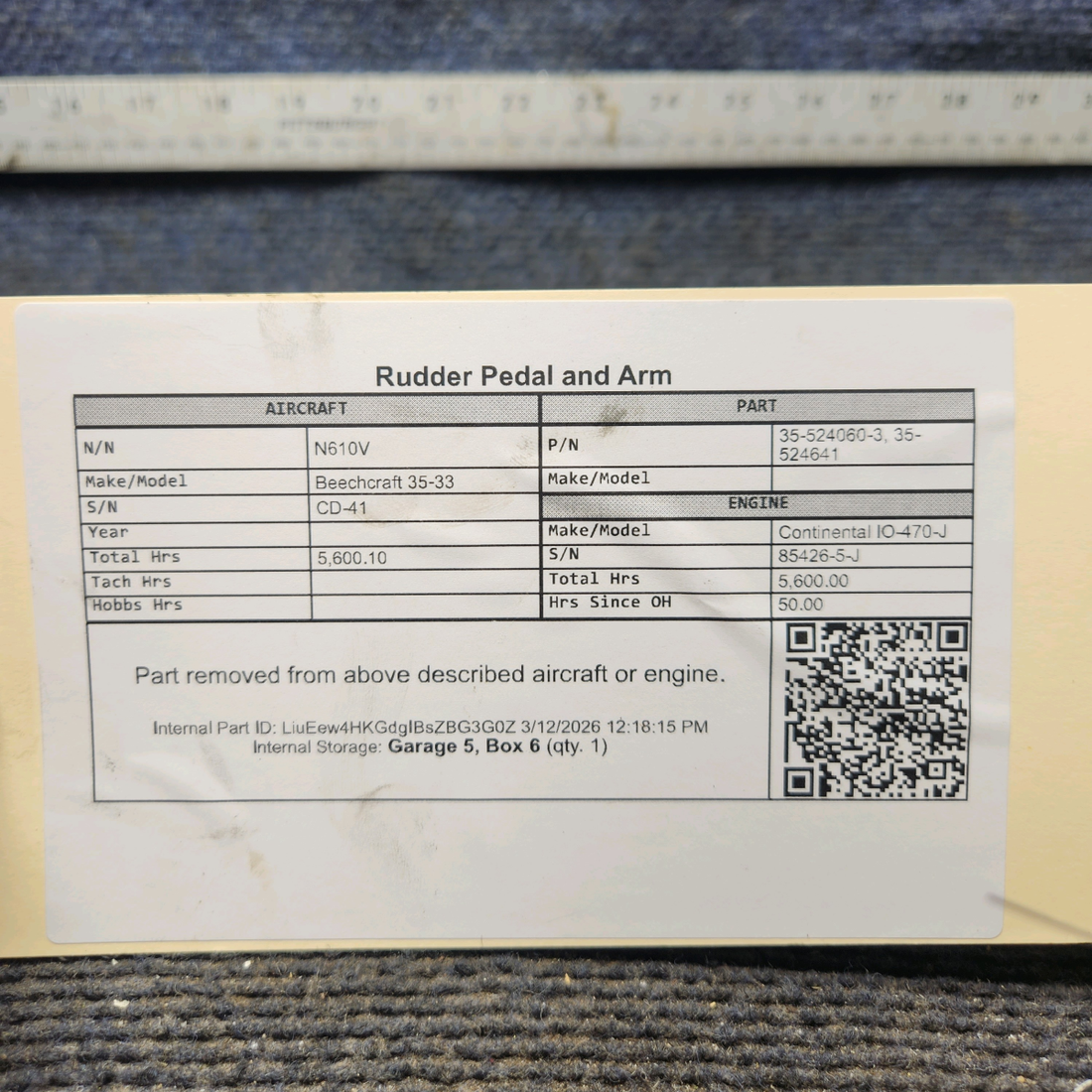 Used aircraft parts for sale, 35-524060-3, 35-524641 Beechcraft 35-33 Rudder Pedal and Arm
