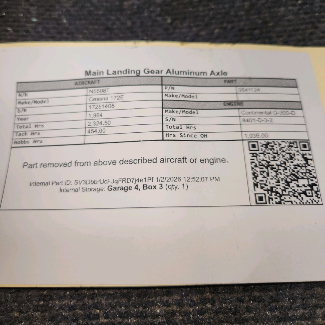 Used aircraft parts for sale, 0541124 Cessna 172E Main Landing Gear Aluminum Axle