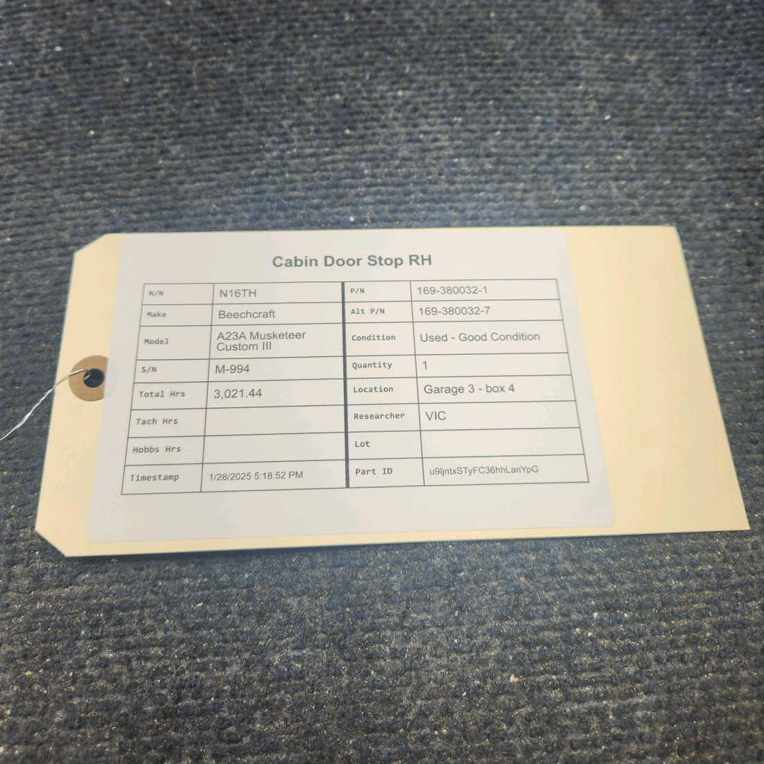 Used aircraft parts for sale, 169-380032-1 Beechcraft A23A Musketeer Custom III CABIN DOOR STOP RH