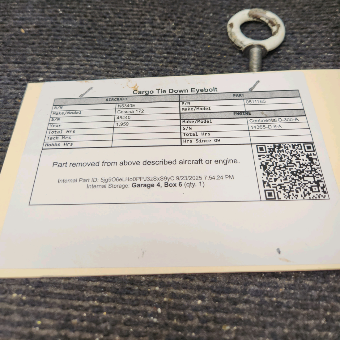 Used aircraft parts for sale, 0511165 Cessna 172 Cargo Tie Down Eyebolt
