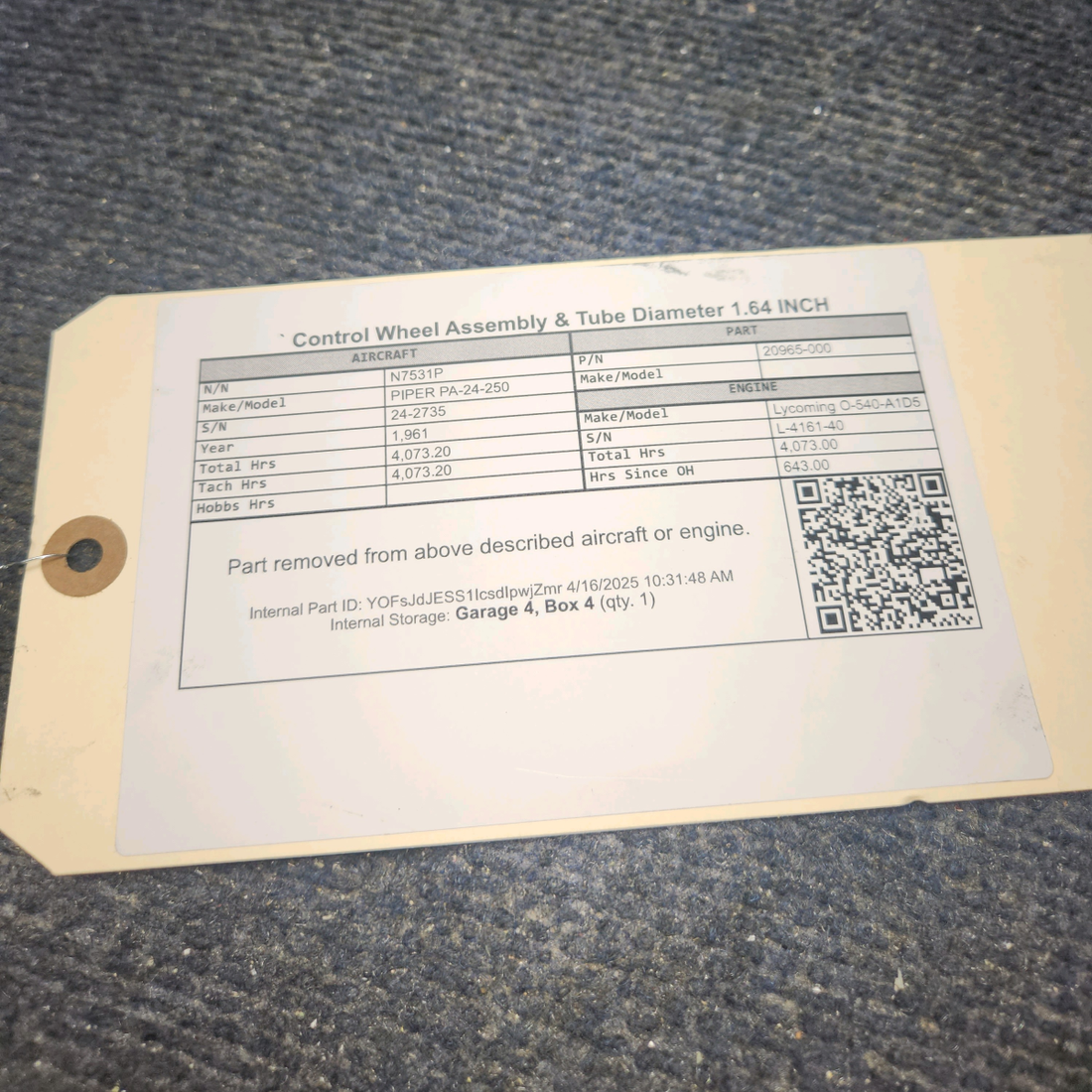 Used aircraft parts for sale, 20965-000 PIPER PA-24-250 Control Wheel Assembly & Tube Diameter 1.64 INCHES