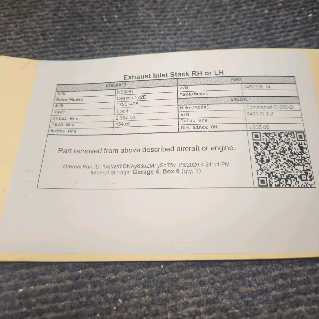 Used aircraft parts for sale, 0450338-14 Cessna 172E Exhaust Inlet Stack RH or LH