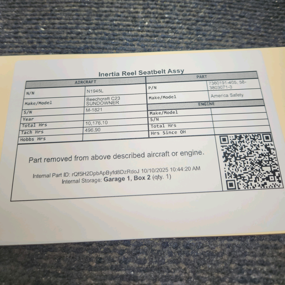 Used aircraft parts for sale, 7360191-405 America Safety Beechcraft C23 SUNDOWNER Inertia Reel Seatbelt Assembly