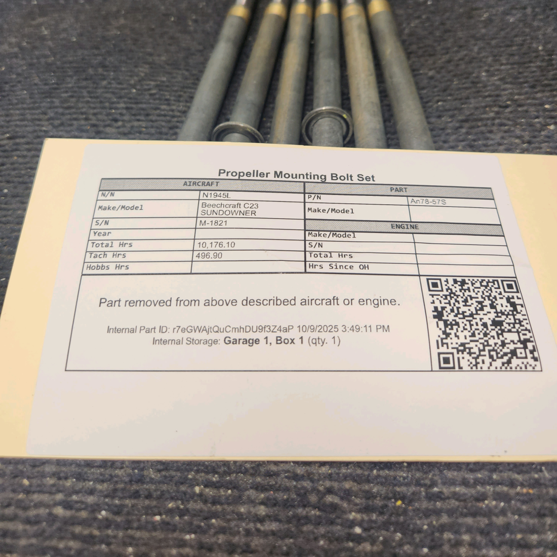 Used aircraft parts for sale, An78-57S Beechcraft C23 SUNDOWNER Propeller Mounting Bolt Set