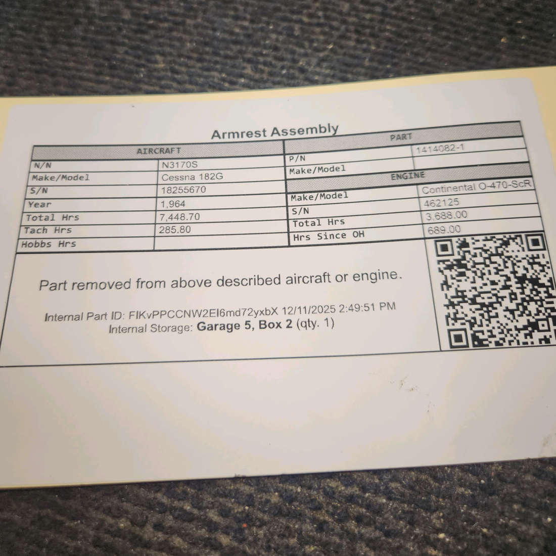 Used aircraft parts for sale, 1414082-1 Cessna 182G Armrest Assembly