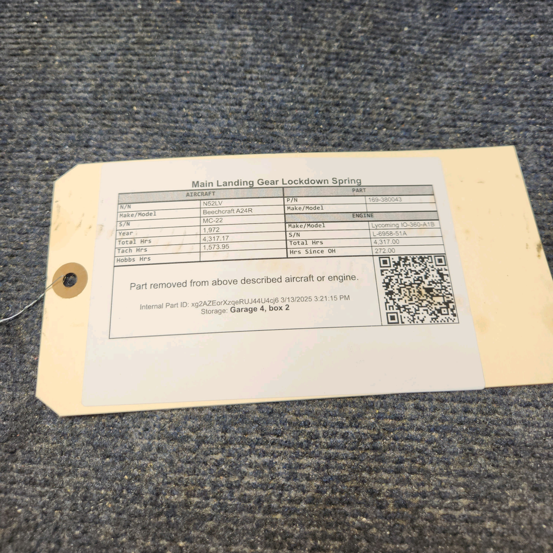 Used aircraft parts for sale, 169-380043 Beechcraft A24R Main Landing Gear Lockdown Spring