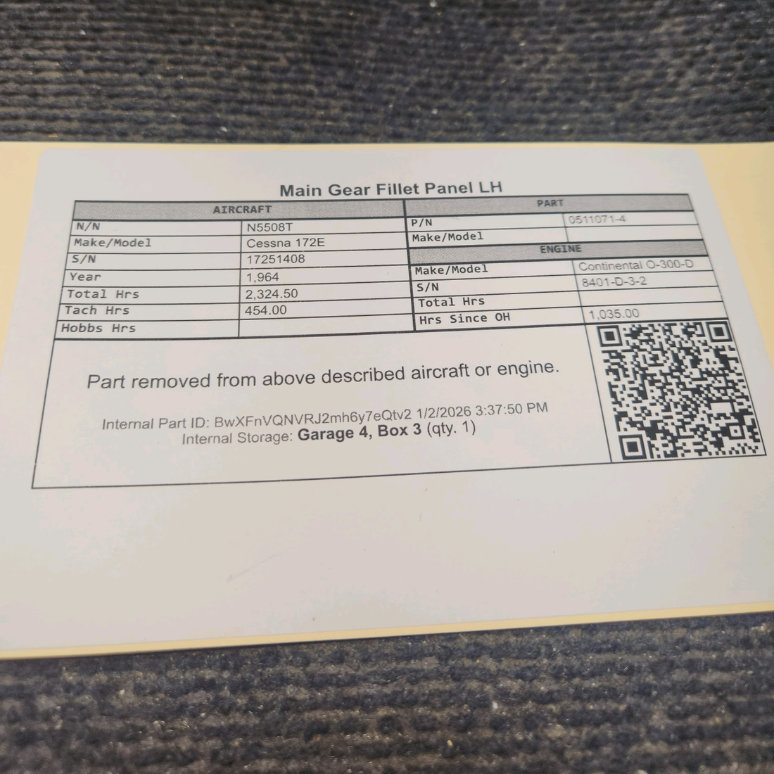 Used aircraft parts for sale, 0511071-4 Cessna 172E Main Gear Fillet Panel RH