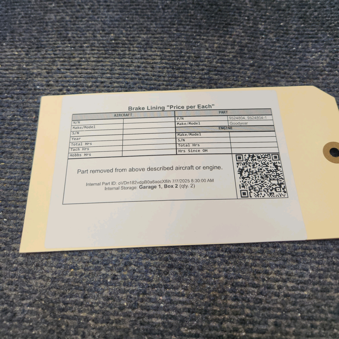 Used aircraft parts for sale, 9524804 Goodyear Brake Lining "Price per Each"