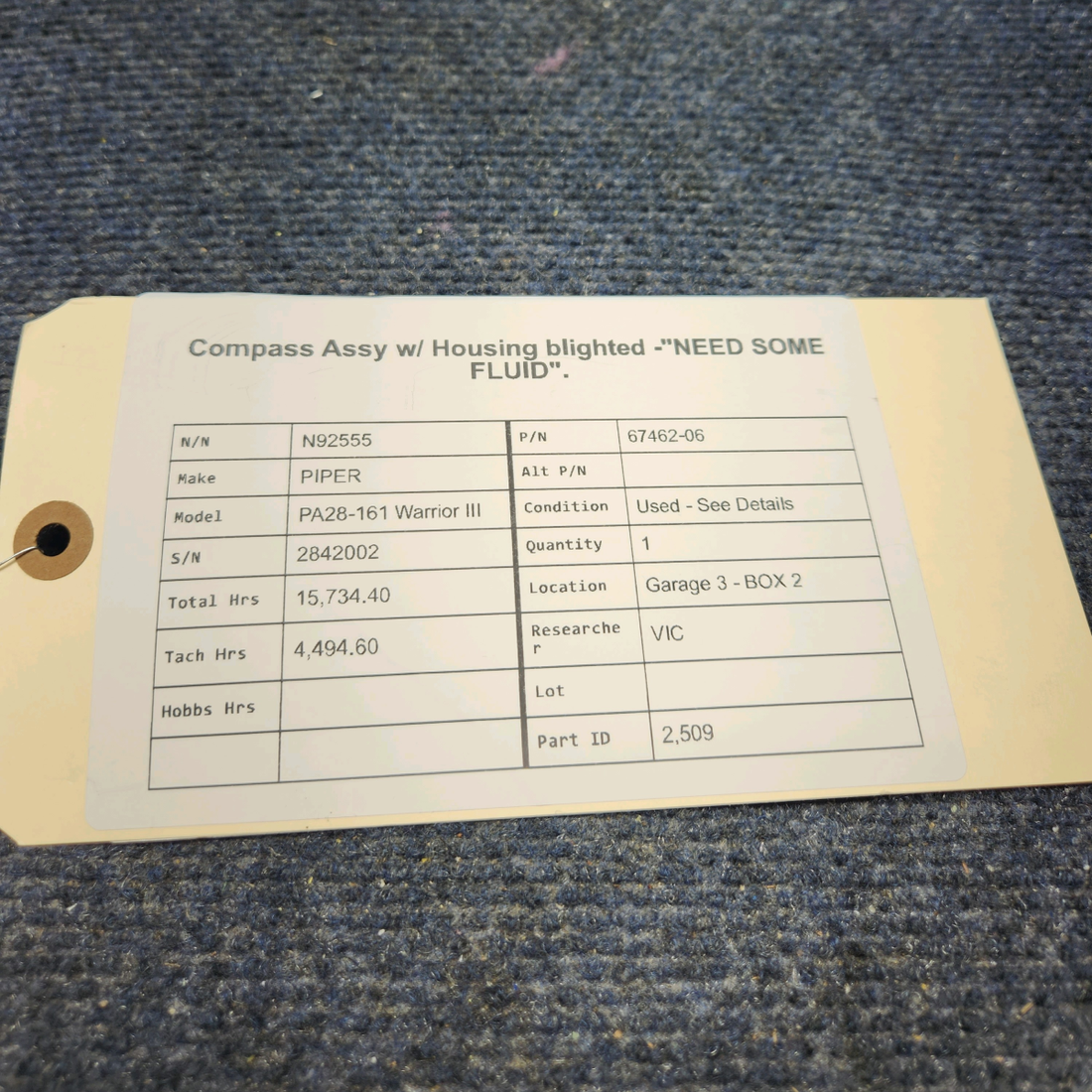Used aircraft parts for sale, 67462-06 PIPER PA28-161 Warrior III COMPASS ASSY W/ HOUSING BLIGHTED -"NEED SOME FLUID".