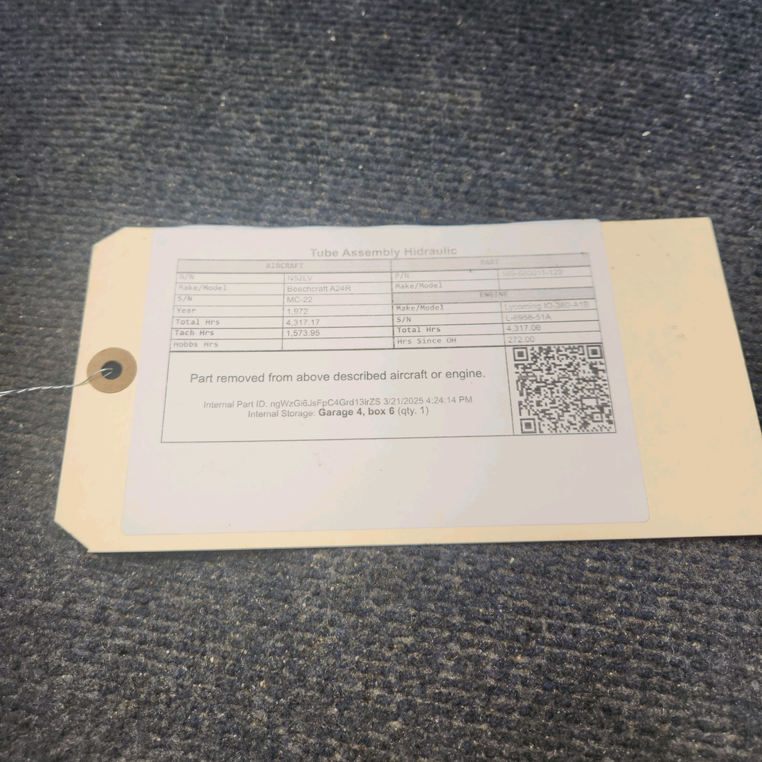 Used aircraft parts for sale, 169-580011-129 Beechcraft A24R Tube Assembly Hidraulic