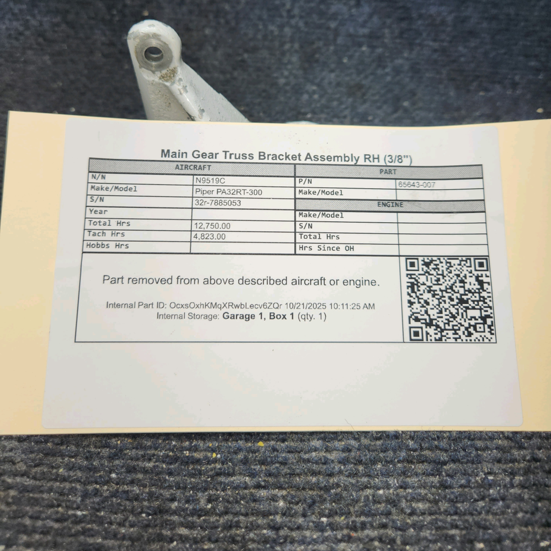 Used aircraft parts for sale, 95643-007 Piper PA32RT-300 Main Gear Truss Bracket Assembly - RH (3/8")