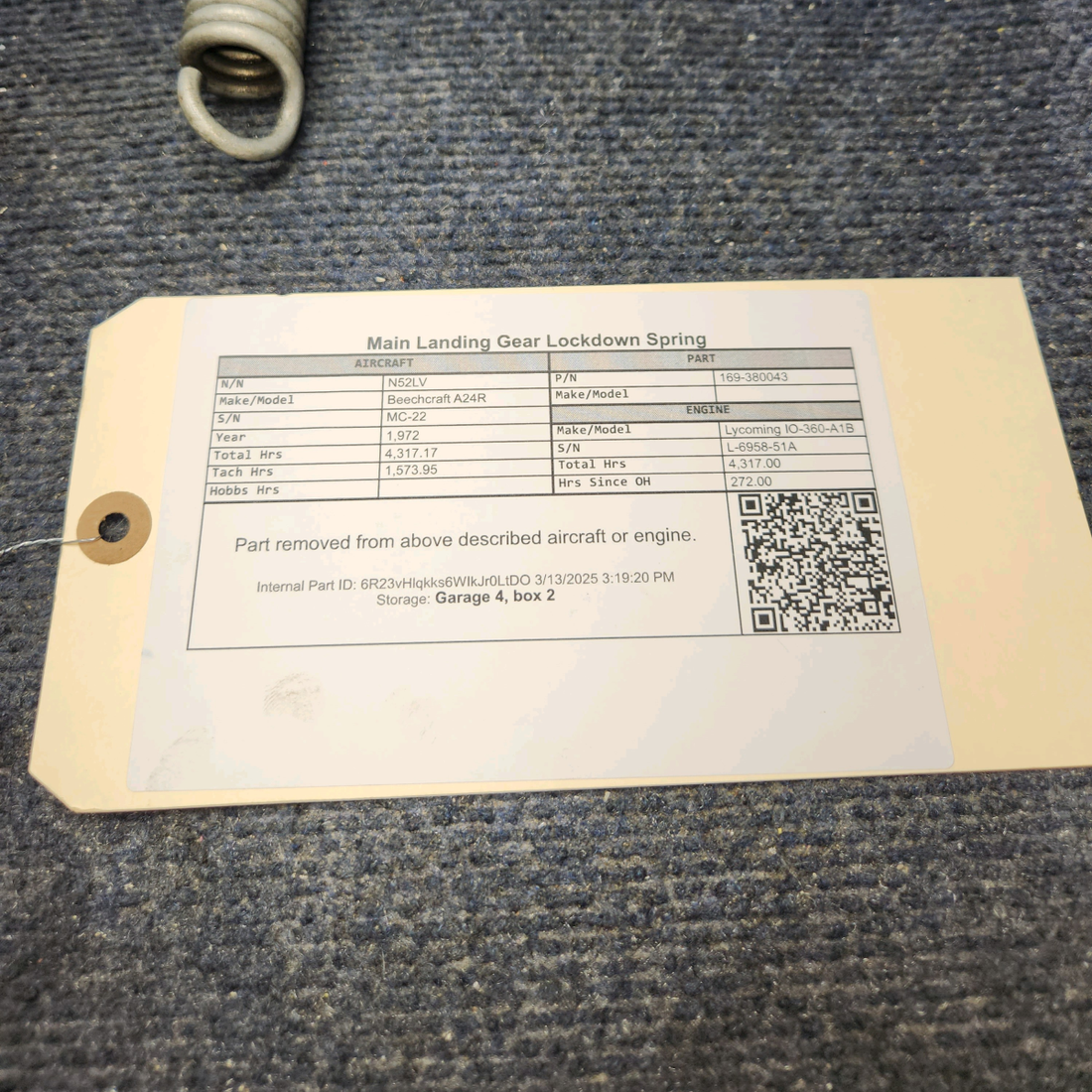 Used aircraft parts for sale, 169-380043 Beechcraft A24R Main Landing Gear Lockdown Spring