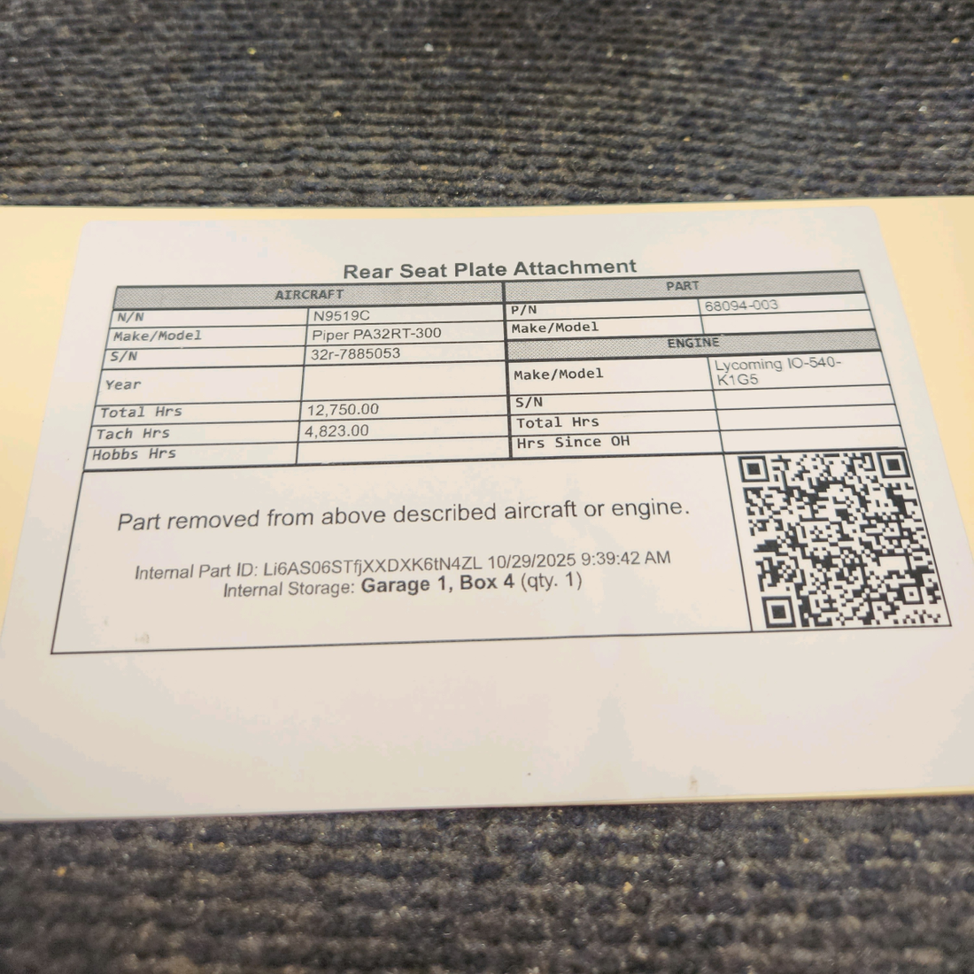 Used aircraft parts for sale, 68094-003 Piper PA32RT-300 Rear Seat Plate Attachment