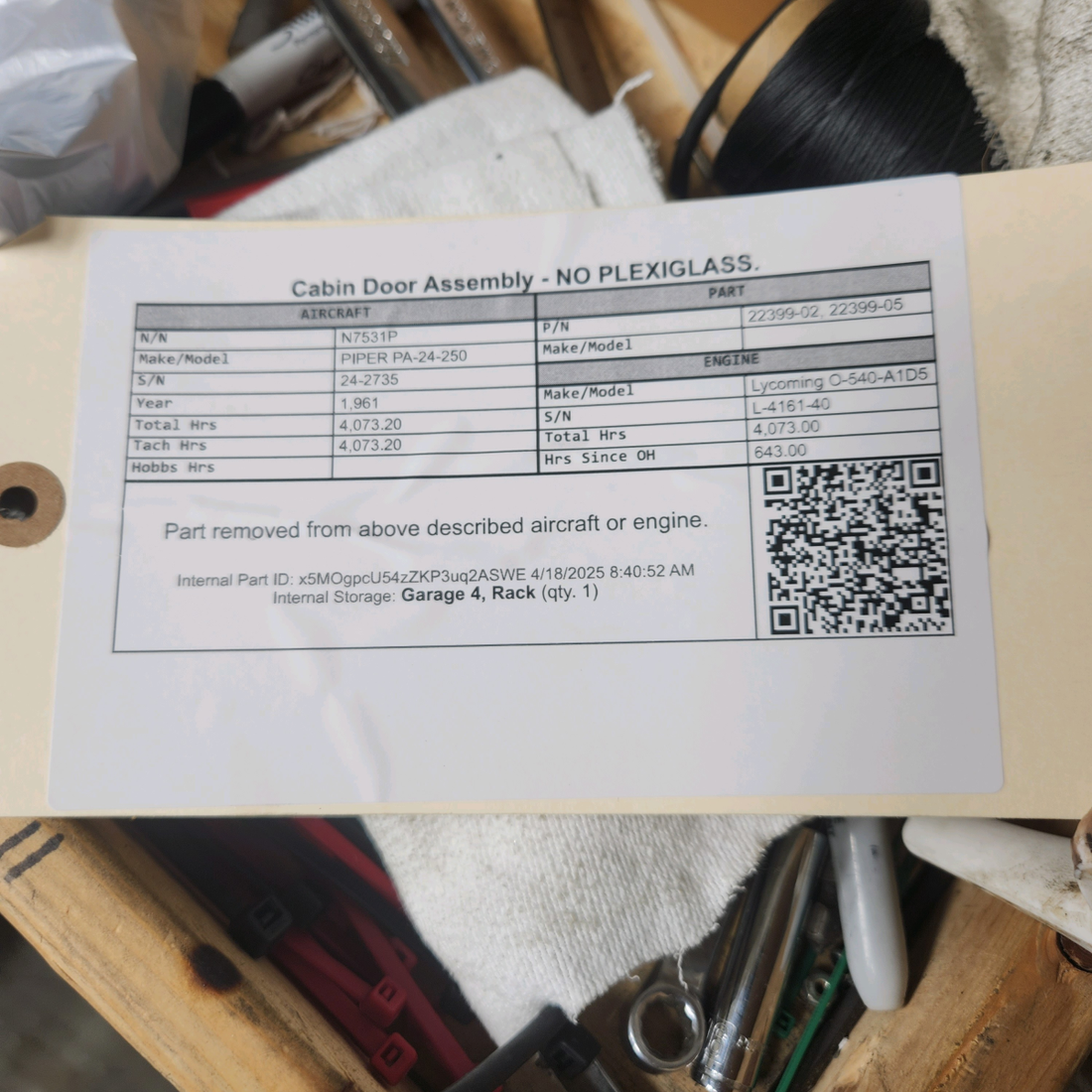 Used aircraft parts for sale, 22399-02 PIPER PA-24-250 Cabin Door Assembly - NO PLEXIGLASS.