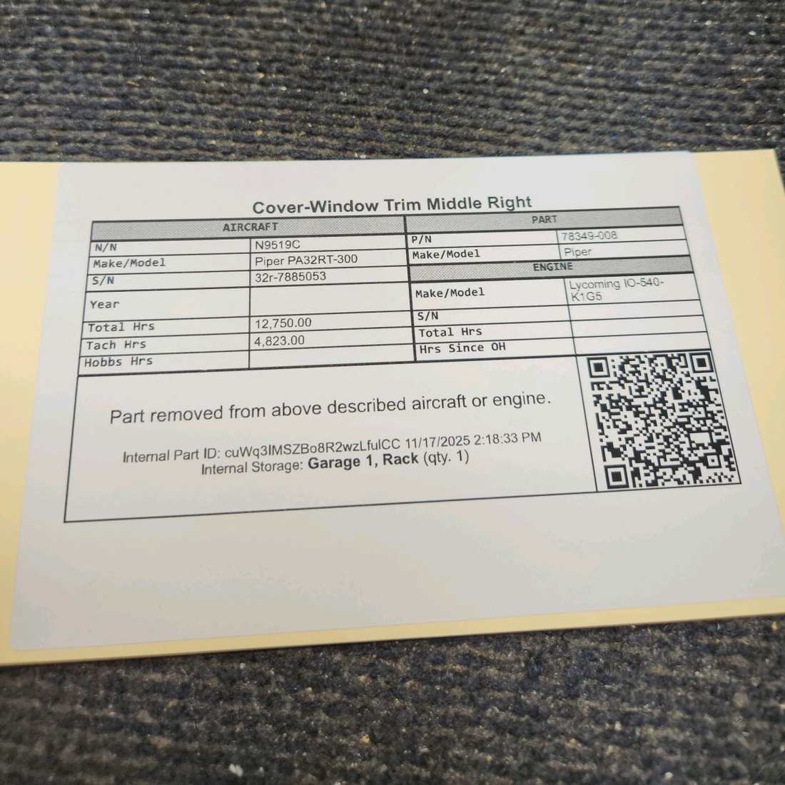 Used aircraft parts for sale, 78349-008 Piper PA32RT-300 Middle Right Window Trim Cover - RH