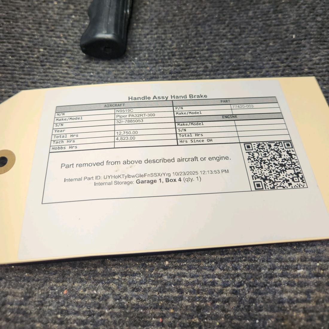 Used aircraft parts for sale, 77420-003 Piper PA32RT-300 Handle Assy Hand Brake