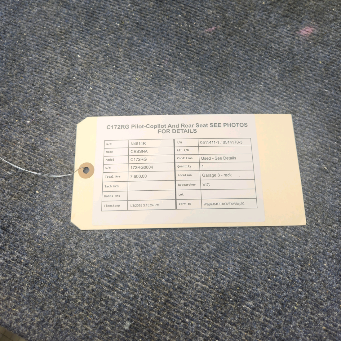 Used aircraft parts for sale, 0511411-1 / 0514170-3 CESSNA C172RG C172RG PILOT-COPILOT AND REAR SEAT SEE PHOTOS FOR DETAILS