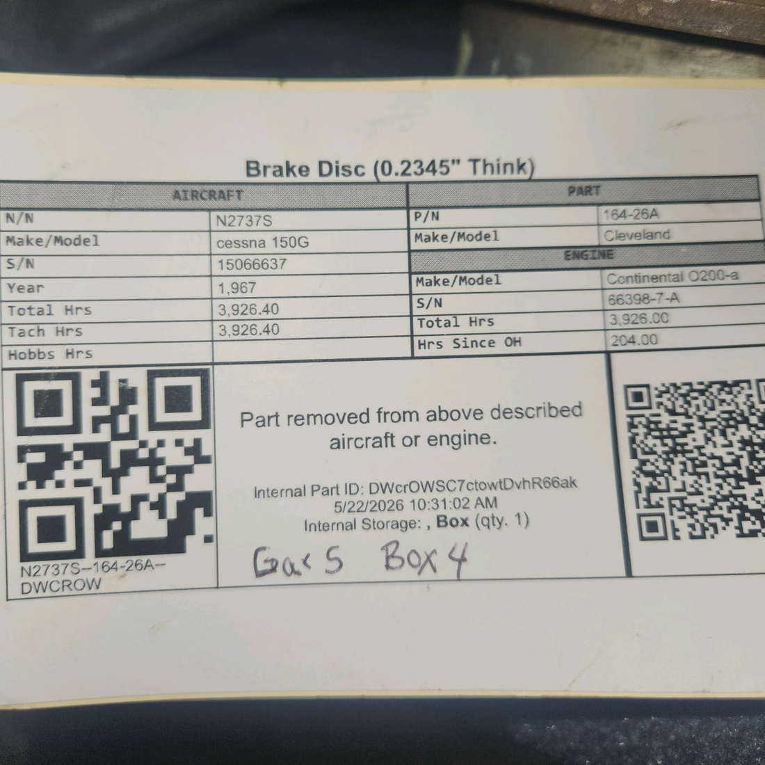 Used aircraft parts for sale, 164-26A Cleveland cessna 150G Brake Disc – 0.2345 in Thickness