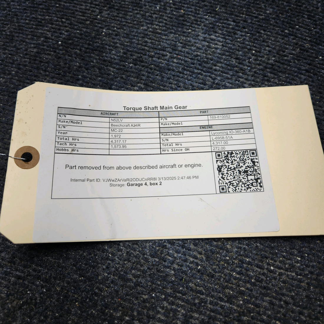 Used aircraft parts for sale, 169-810052 Beechcraft A24R Torque Shaft Main Gear