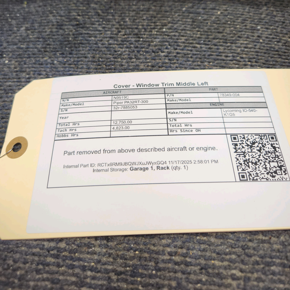 Used aircraft parts for sale, 78349-004 Piper PA32RT-300 Cover - Middle Left Window Trim Cover