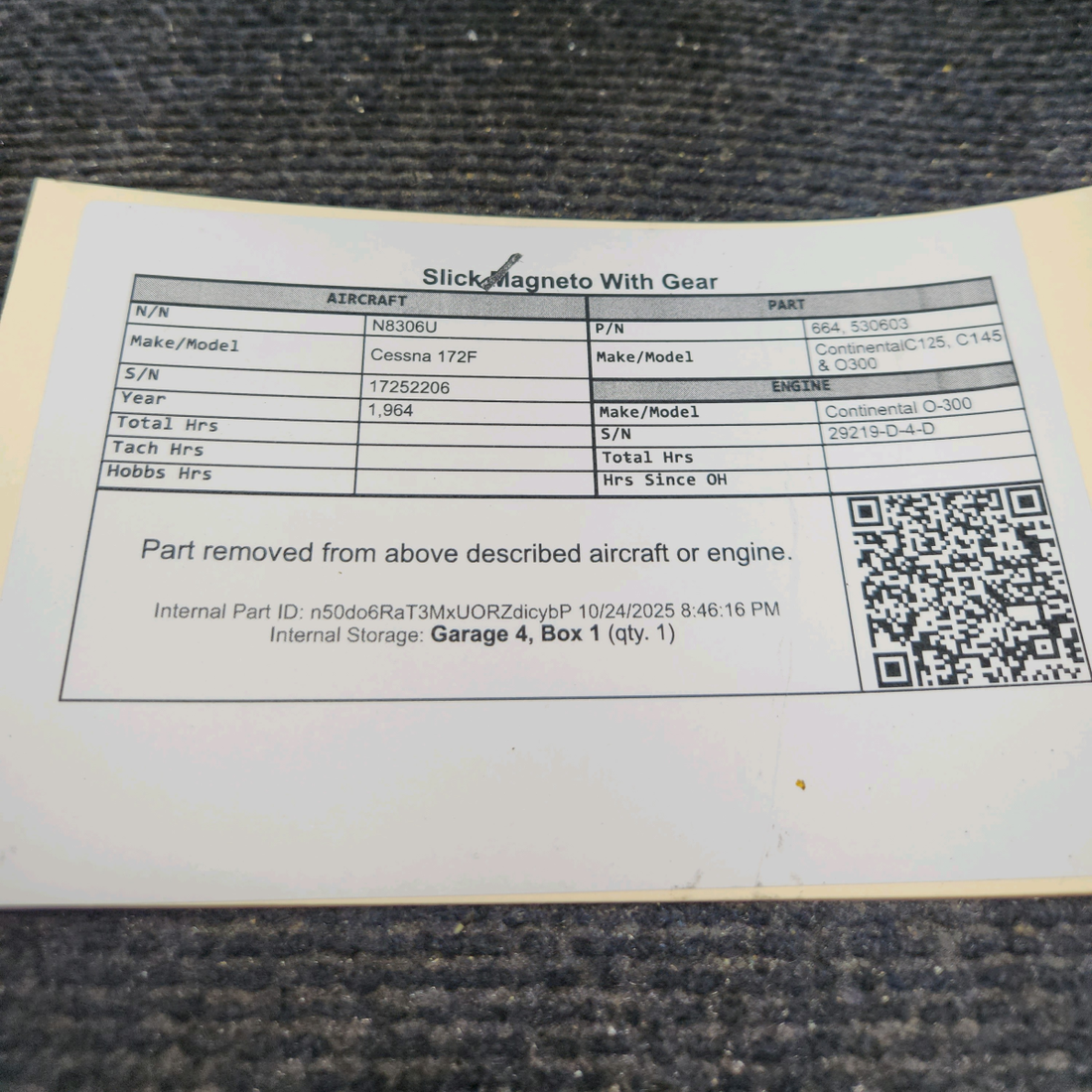 Used aircraft parts for sale, 664, 530603 Continental C125, C145 & O300 Cessna 172F Slick Magneto With Gear