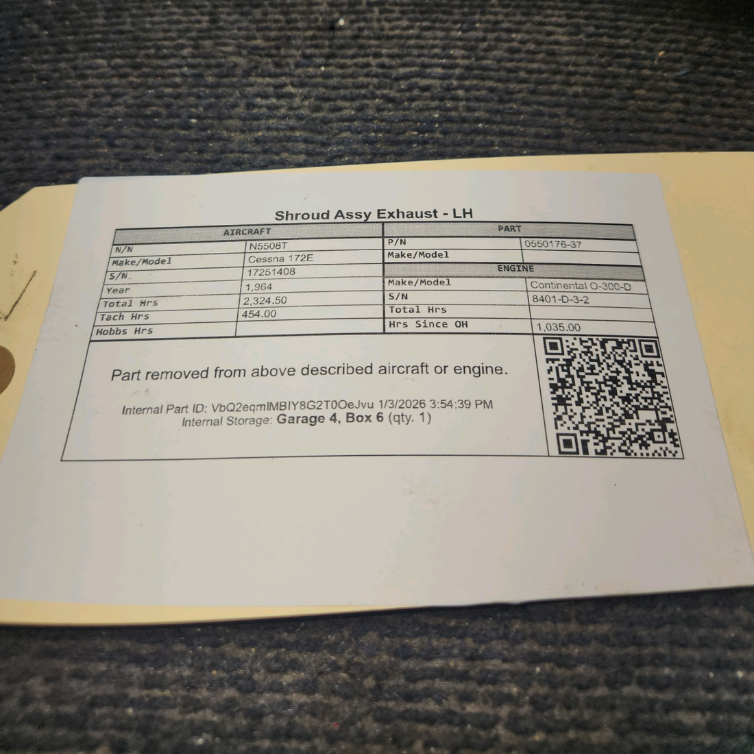 Used aircraft parts for sale, 0550176-37 Cessna 172E Shroud Assy Exhaust - LH