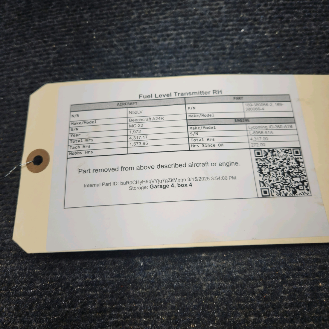 Used aircraft parts for sale, 169-380066-2 Beechcraft A24R Fuel Level Transmitter RH