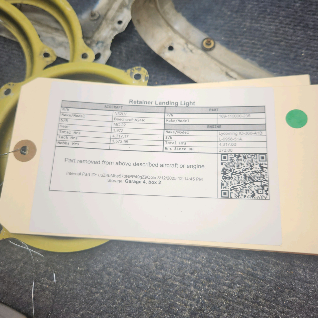 Used aircraft parts for sale, 169-110000-235 Beechcraft A24R Retainer Landing Light