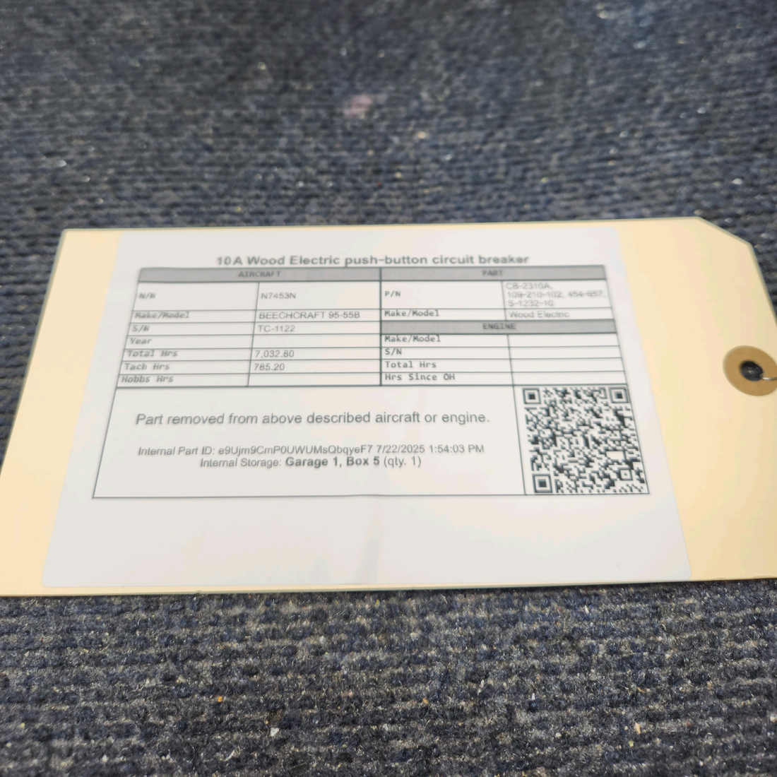 Used aircraft parts for sale, CB‑2310A Wood Electric BEECHCRAFT 95-55B Push-to-Reset Circuit Breaker