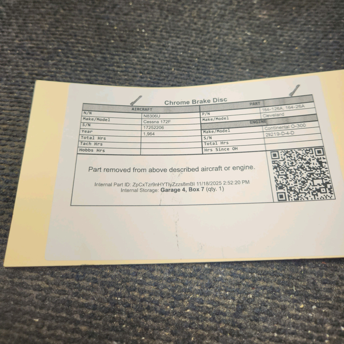 Used aircraft parts for sale, 164-126A Cleveland Cessna 172F Chrome Brake Disc