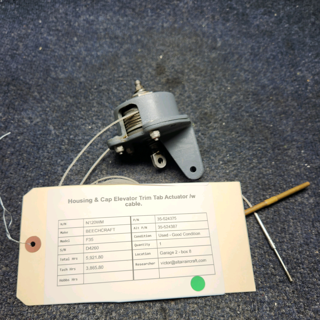 Used aircraft parts for sale, 35-524375 BEECHCRAFT F35 HOUSING & CAP ELEVATOR TRIM TAB ACTUATOR /W CABLE.