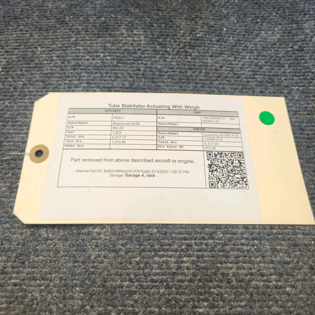 Used aircraft parts for sale, 169-620000-37 , 169-620001-43 Beechcraft A24R Tube Stabilator Actuating With Weigh