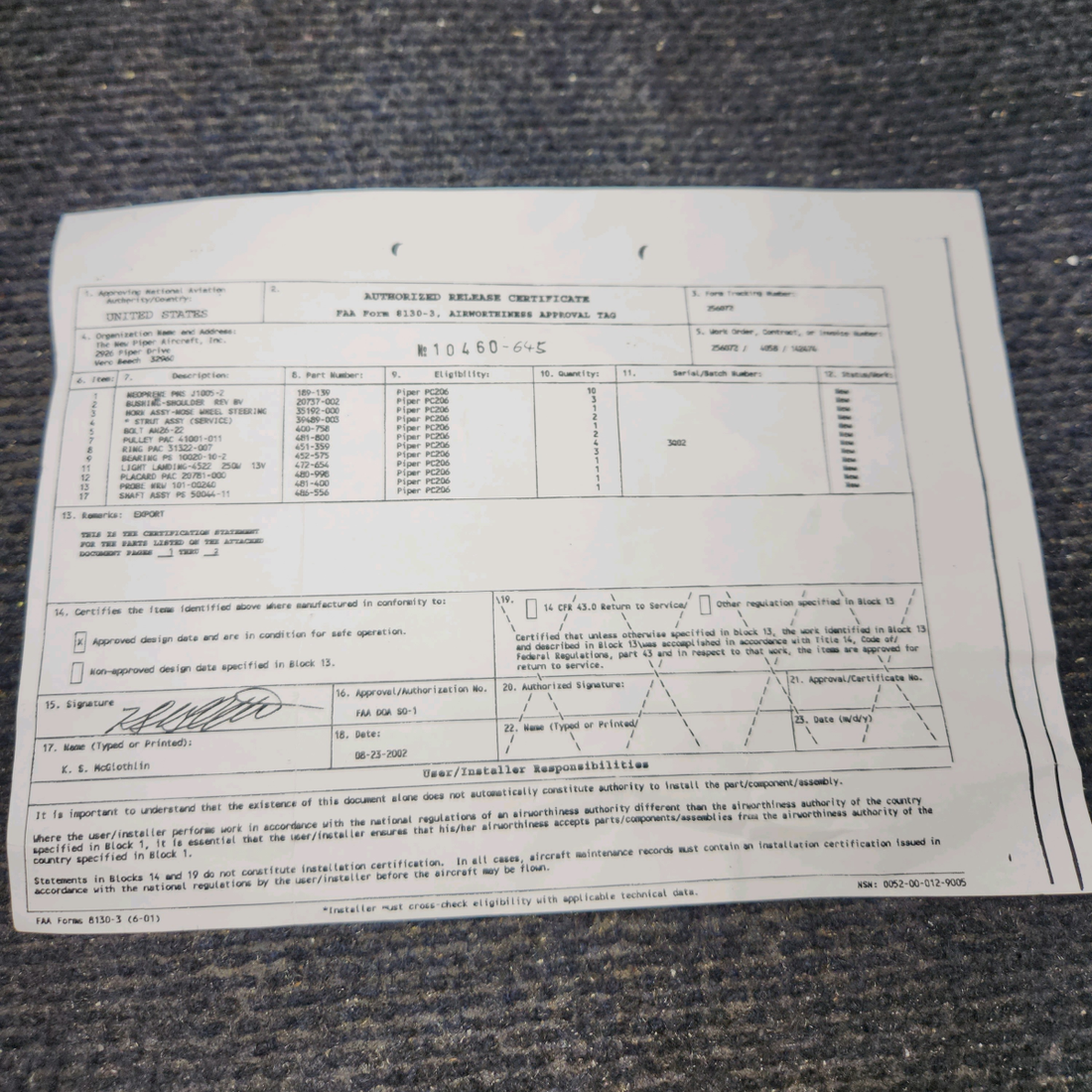 Used aircraft parts for sale, 564-886 Piper PA-34-220T IV & V, PA-32-301T II TC Belt Assembly – Lap + Shoulder (3-piece), Pilot / Crew-LH