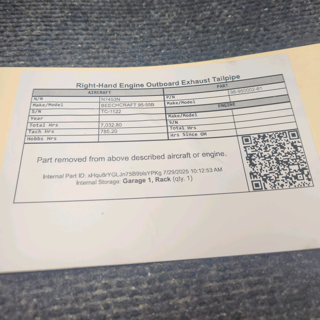 Used aircraft parts for sale, 96-950002-61 BEECHCRAFT 95-55B Outboard Exhaust Tailpipe - RH Engine