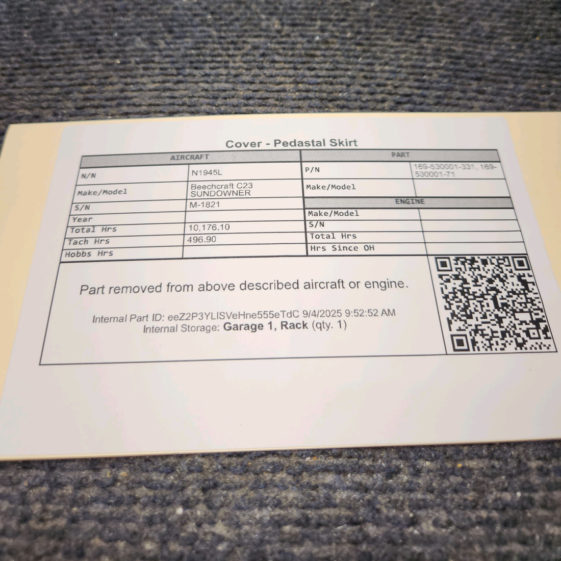 Used aircraft parts for sale, 169-530001-331 Beechcraft C23 SUNDOWNER Cover - Pedastal Skirt