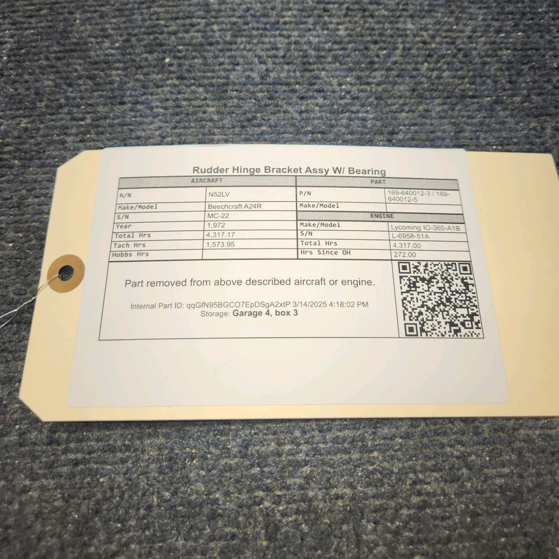 Used aircraft parts for sale, 169-640012-3 / 169-640012-5 Beechcraft A24R Rudder Hinge Bracket Assy W/ Bearing