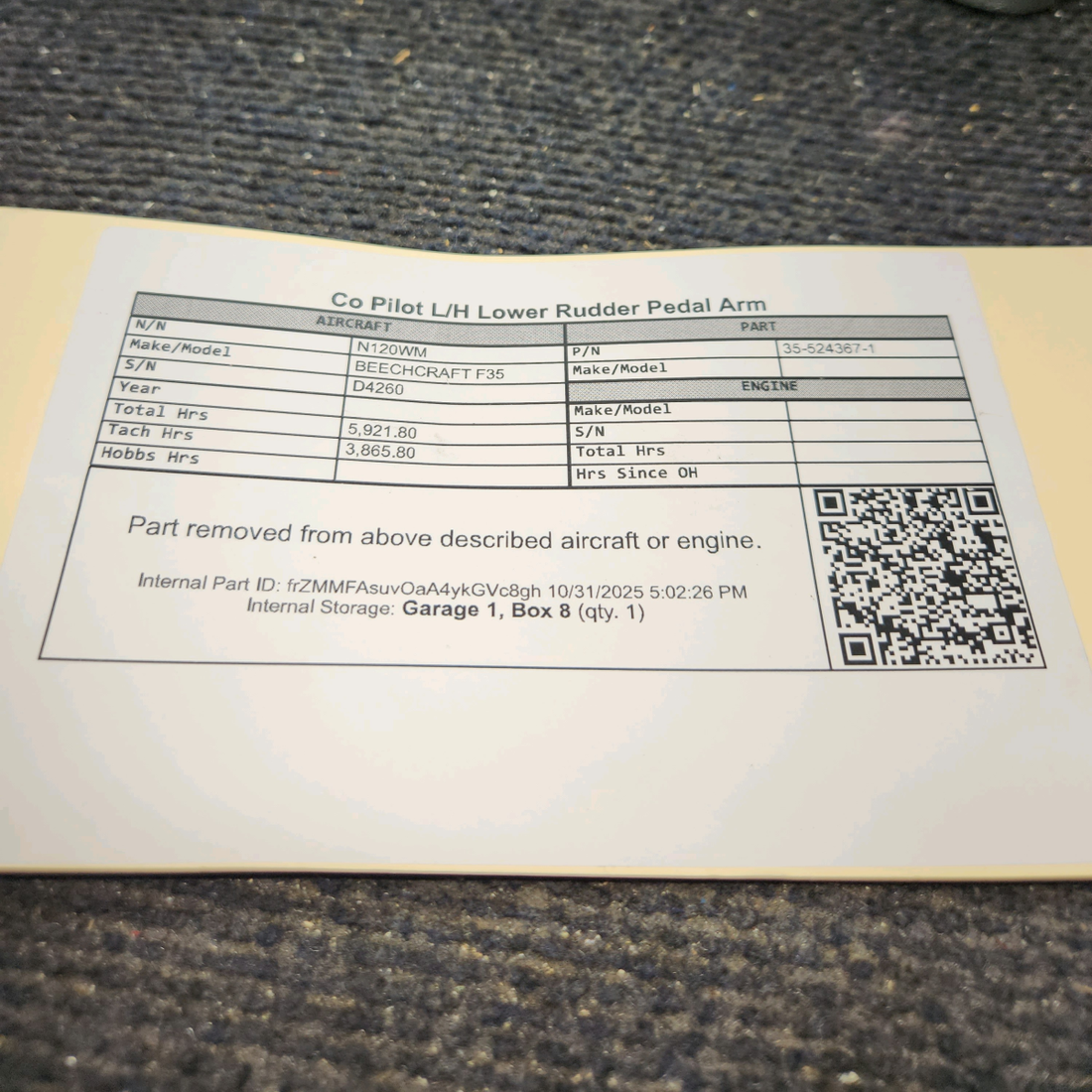 Used aircraft parts for sale, 35-524367-1 BEECHCRAFT F35 Co Pilot Lower Rudder Pedal Arm - LH