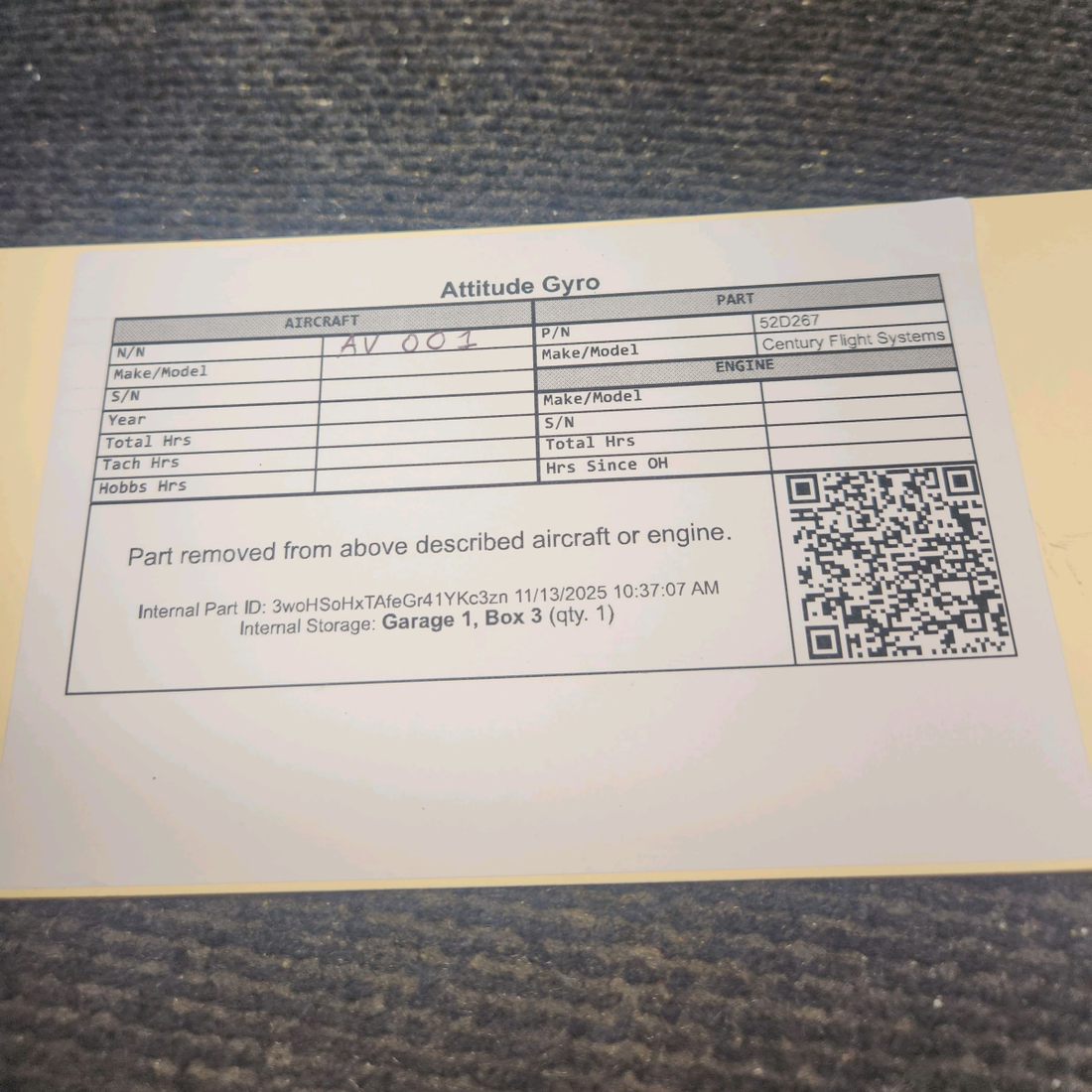 Used aircraft parts for sale, 52D267 Century Flight Systems 1U367 Piper PA28RT-201 Attitude Gyro - Cable cut