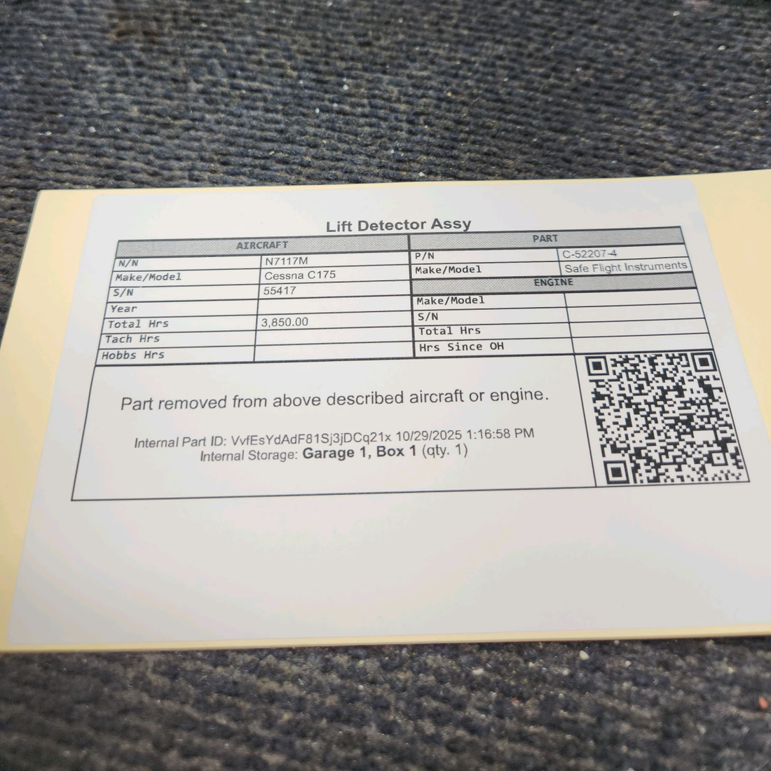 Used aircraft parts for sale, C-52207-4 Safe Flight Instruments Cessna C175 Lift Detector Assy