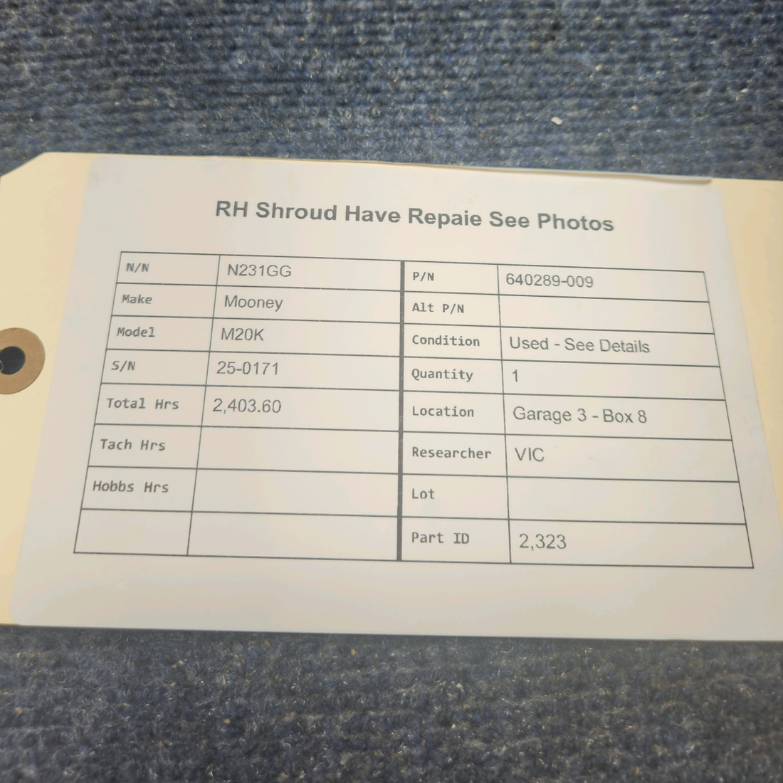 Used aircraft parts for sale, 640289-009 Mooney M20K RH SHROUD HAS REPAIR SEE PHOTOS
