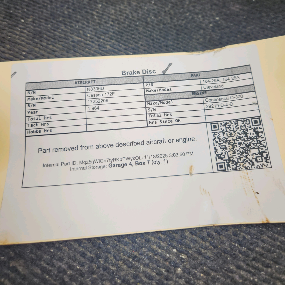 Used aircraft parts for sale, 164-26A Cleveland Cessna 172F Brake Disc