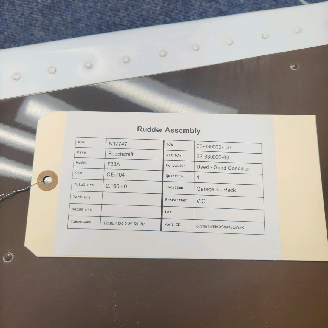 Used aircraft parts for sale, 33-630000-137 Beechcraft F33A RUDDER ASSEMBLY
