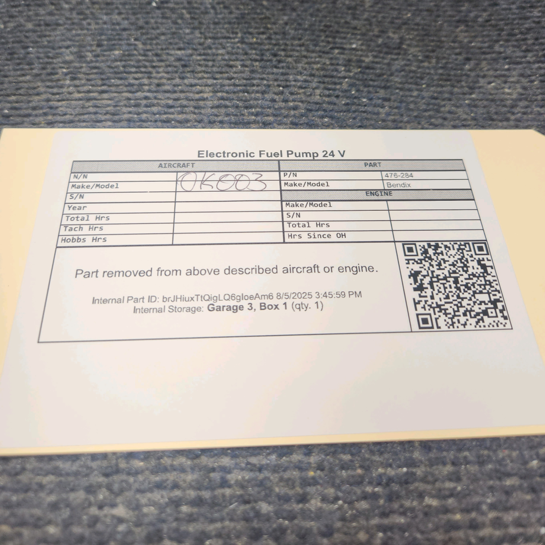 Used aircraft parts for sale, 476-284 Bendix Electronic Fuel Pump 24 V