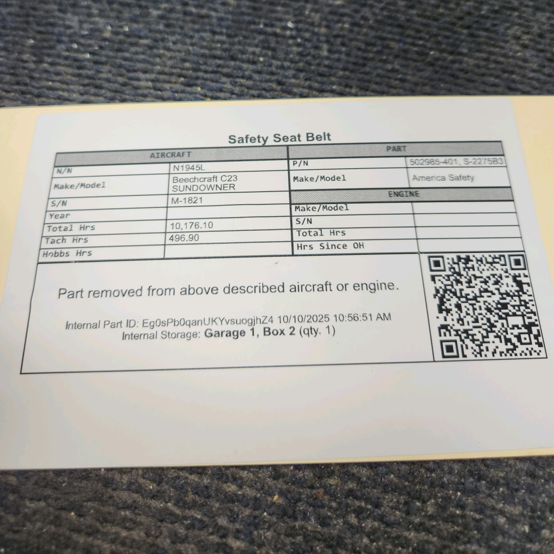 Used aircraft parts for sale, 502985-401 America Safety Beechcraft C23 SUNDOWNER Safety Seat Belt