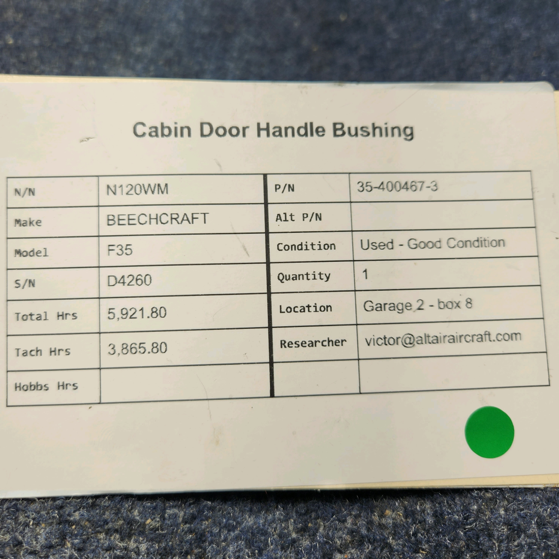 Used aircraft parts for sale, 35-400467-3 BEECHCRAFT F35 CABIN DOOR HANDLE BUSHING
