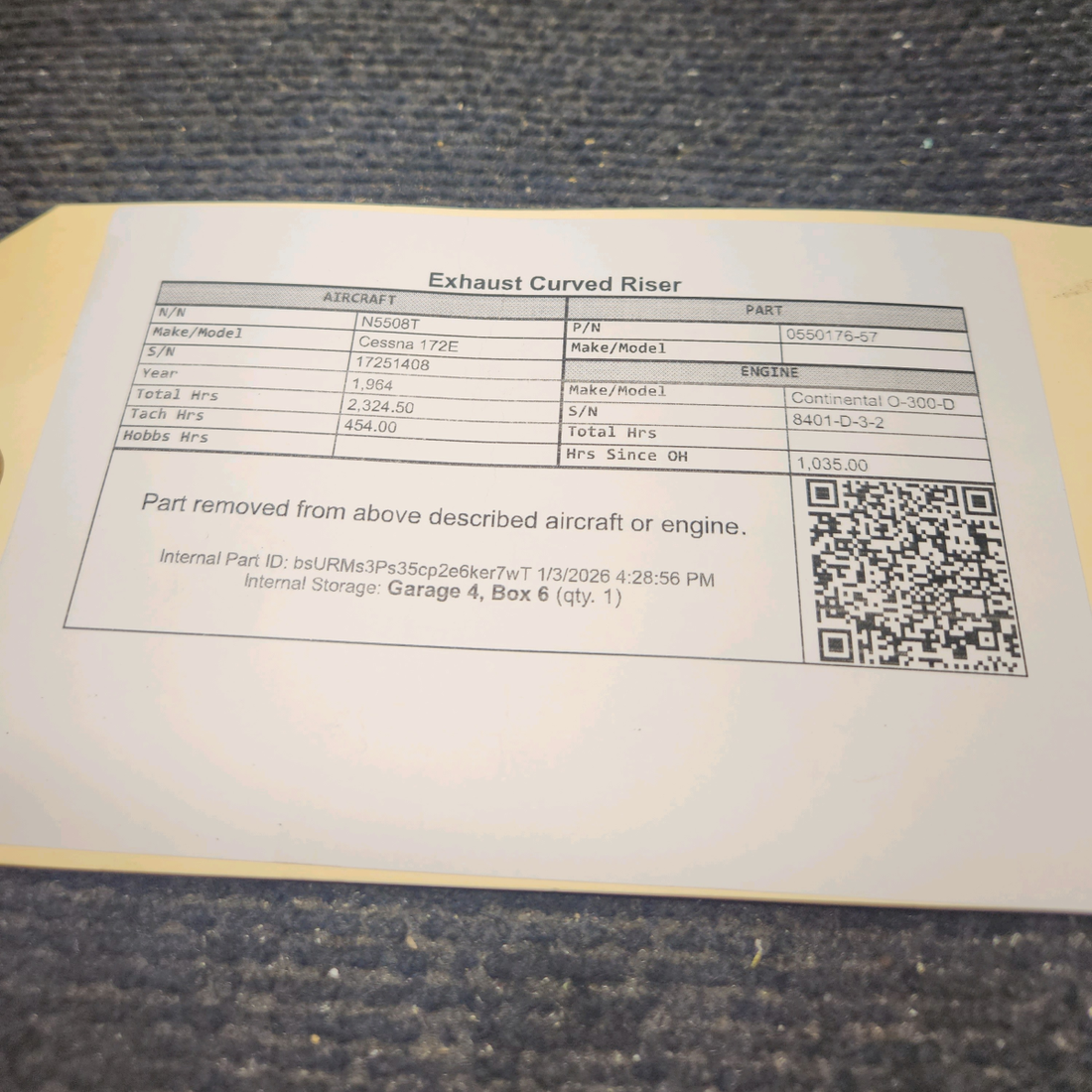 Used aircraft parts for sale, 0550176-57 Cessna 172E Exhaust Curved Riser