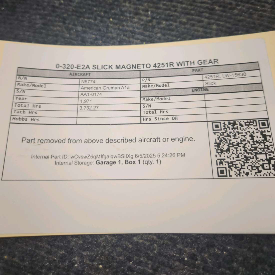 Used aircraft parts for sale, LW-15638 Slick 4251R American Gruman A1A 0-320-E2A SLICK MAGNETO WITH GEAR