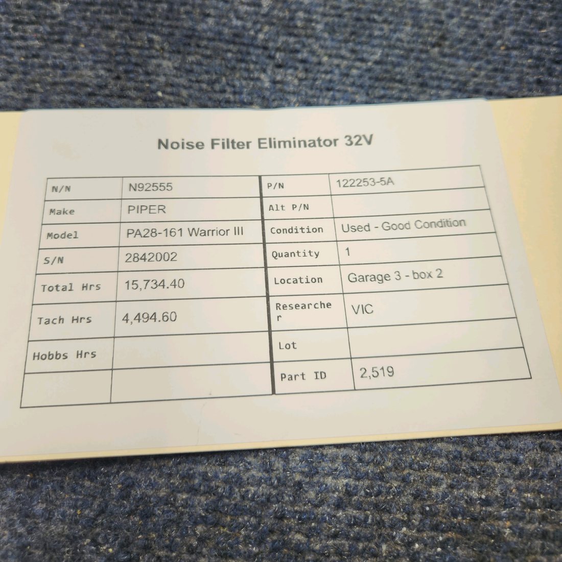Used aircraft parts for sale, 122253-5A PIPER PA28-161 Warrior III NOISE FILTER ELIMINATOR 32V