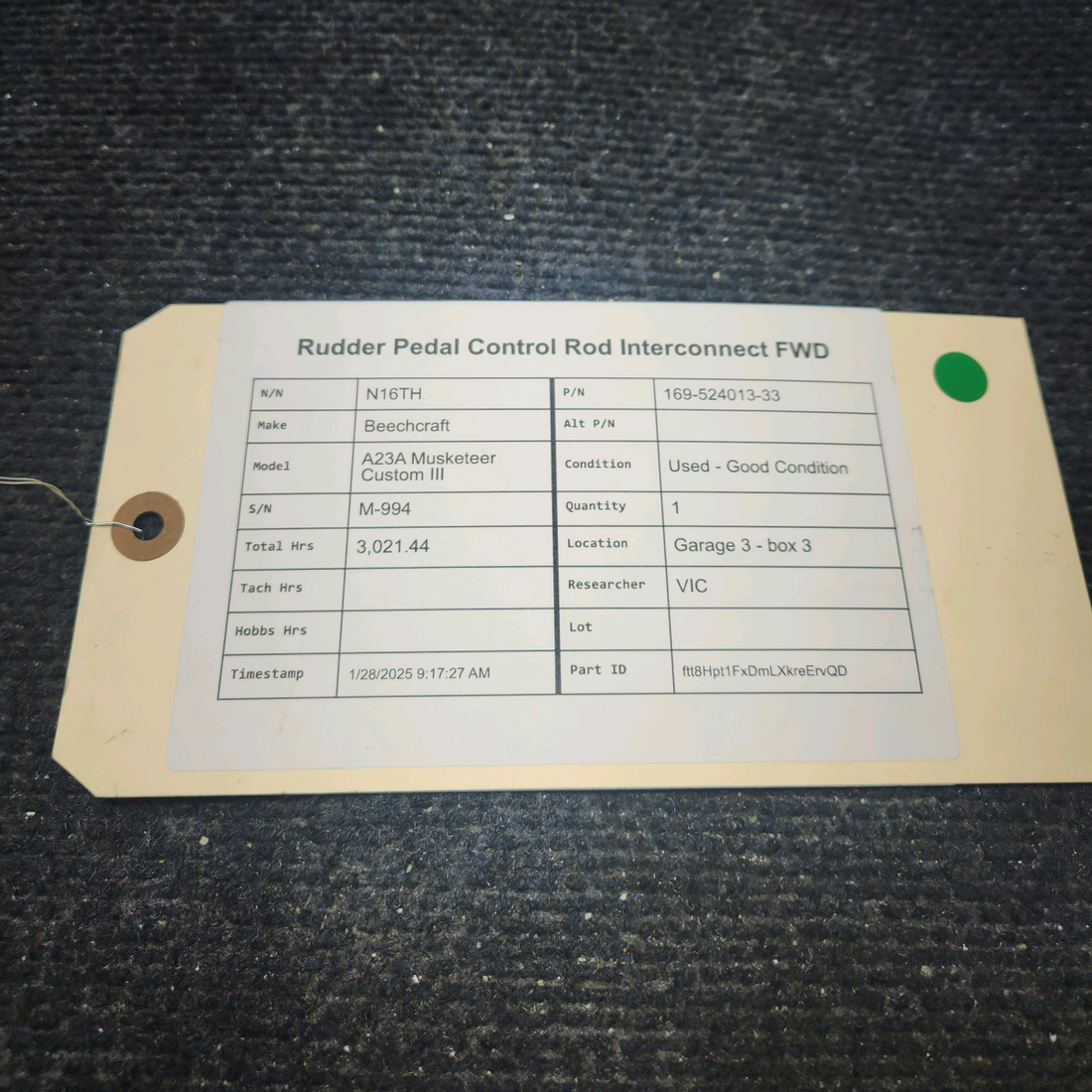 Used aircraft parts for sale, 169-524013-33 Beechcraft A23A Musketeer Custom III RUDDER PEDAL CONTROL ROD INTERCONNECT FWD